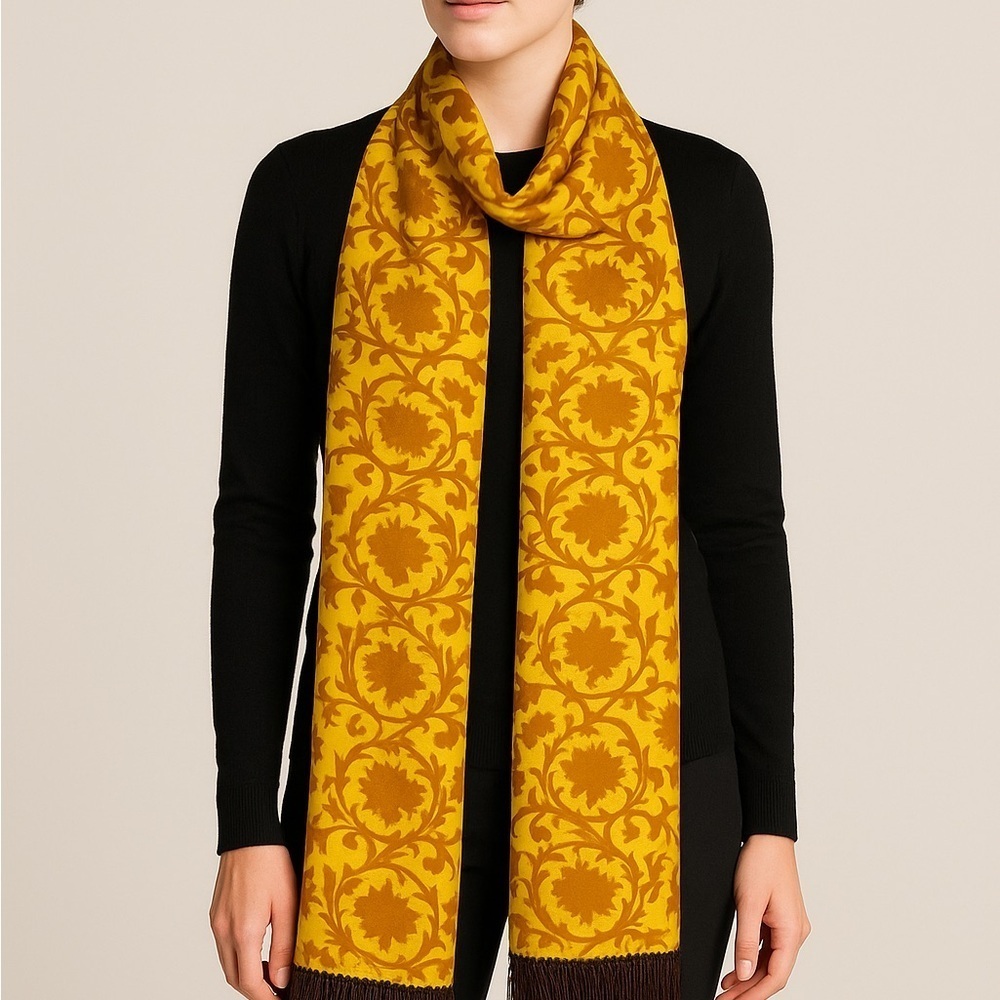 Shanghai Tang 100% Silk Damask Fringe Scarf – Gold & Brown